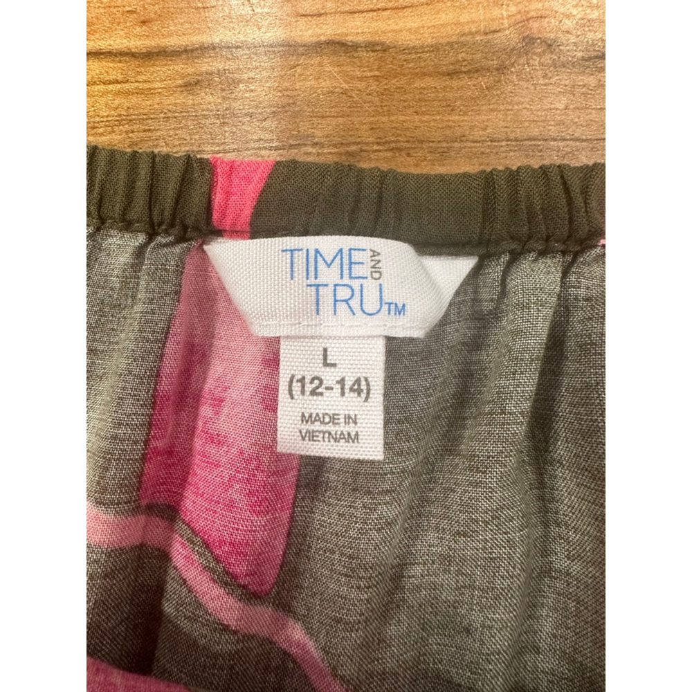 Time and Tru Tropical Maxi Dress Large Olive Pink Palm Leaf - Picture 6 of 8